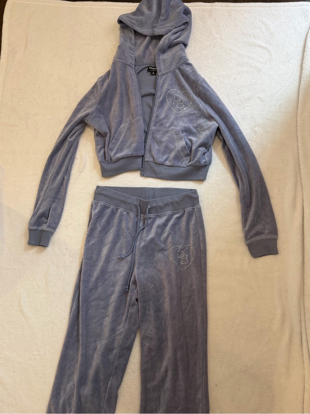 Playboy by PacSun blue velour matching tracksuit set featuring a cropped zip-up